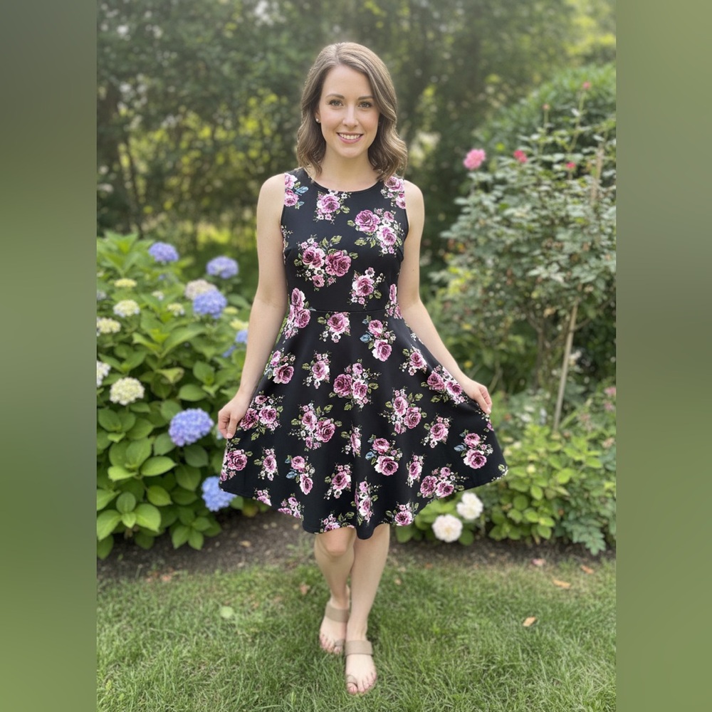 Agnes & Dora Black Floral Midi Dress size XL with pockets